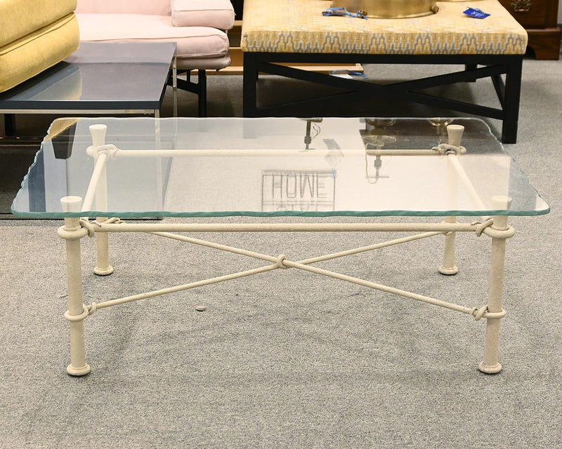 Glass Top Cocktail Table on Forged Metal Frame in Cream