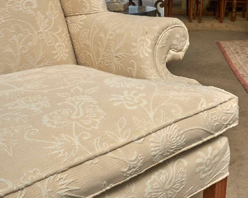 Custom Wing Back Chair In Ivory & Taupe  Crewel Style Upholstery