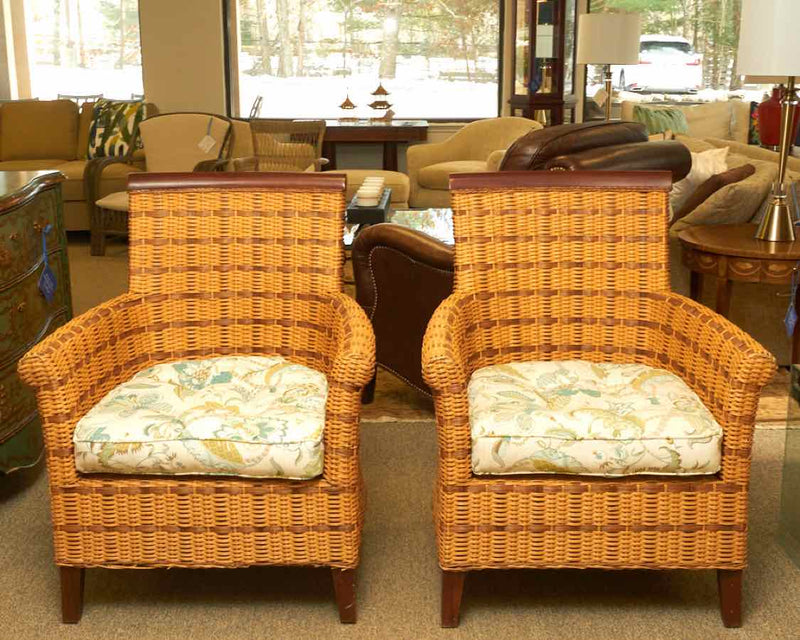 Pair of Roll-Arm  Highback Two-Tone Wicker Chairs