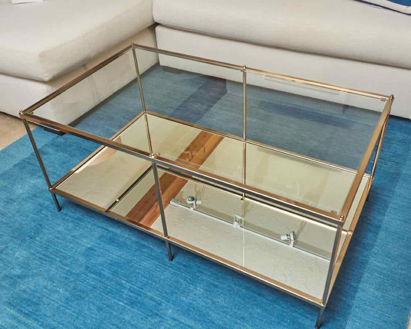 Glass 2 Tier Brass Tone Metal Cocktail Table With Mirrored Lower Shelf