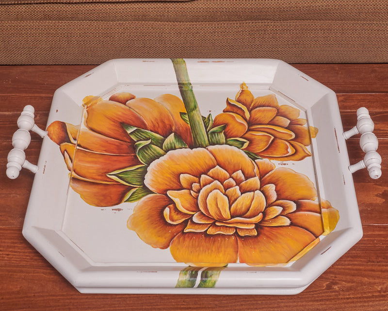 Victorian Octagonal Square Tray in White with Orange Floral Motif