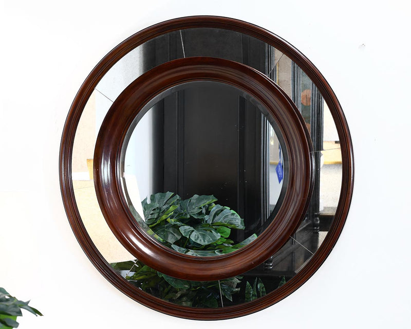 Round Mahogany Mirror in Double Frame