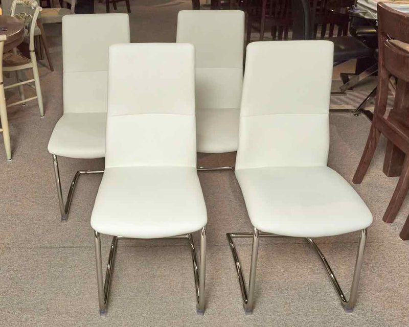 Set of 4 Faux White Leather Dining Chairs with Steel Legs