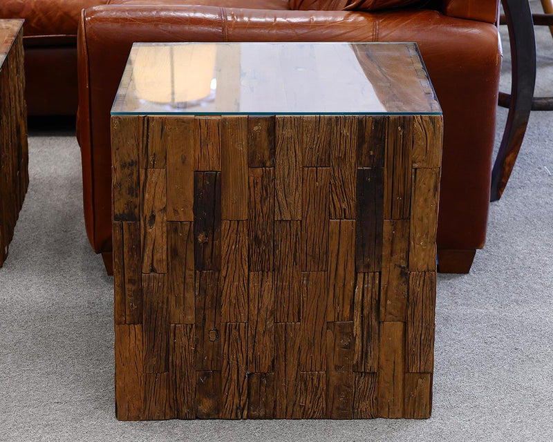 Arhaus Reclaimed Wood Plinth Side Table with Glass Top