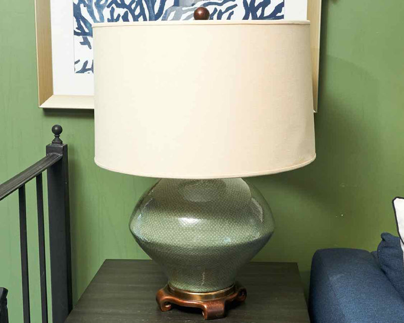 Asian Inspired Celadon  Green Glaze Ceramic Linen Shade Table Lamp