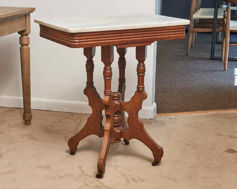 Antique Victorian  Mahogany & Marble Top Accent Table On Casters