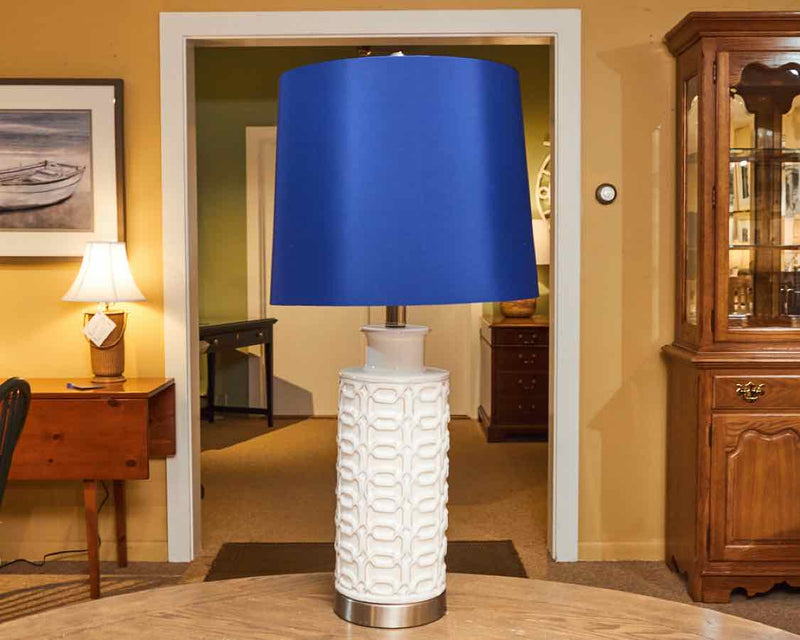 White Textured  Ceramic  With metal Base & Navy Blue Shade Table Lamp