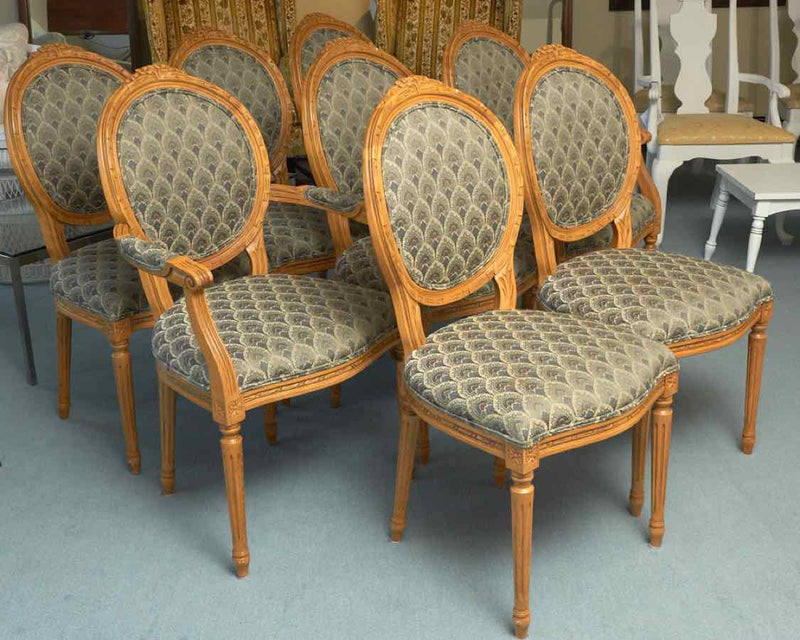 Set of 8 Kravet 'Louis XV' Style  Dining Chairs in Peacock Feather Upholstery
