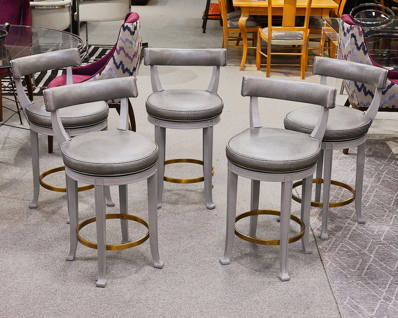 Set of 5 Gray Leather Swivel Counter Stools with Antique Brass Nailhead Trim