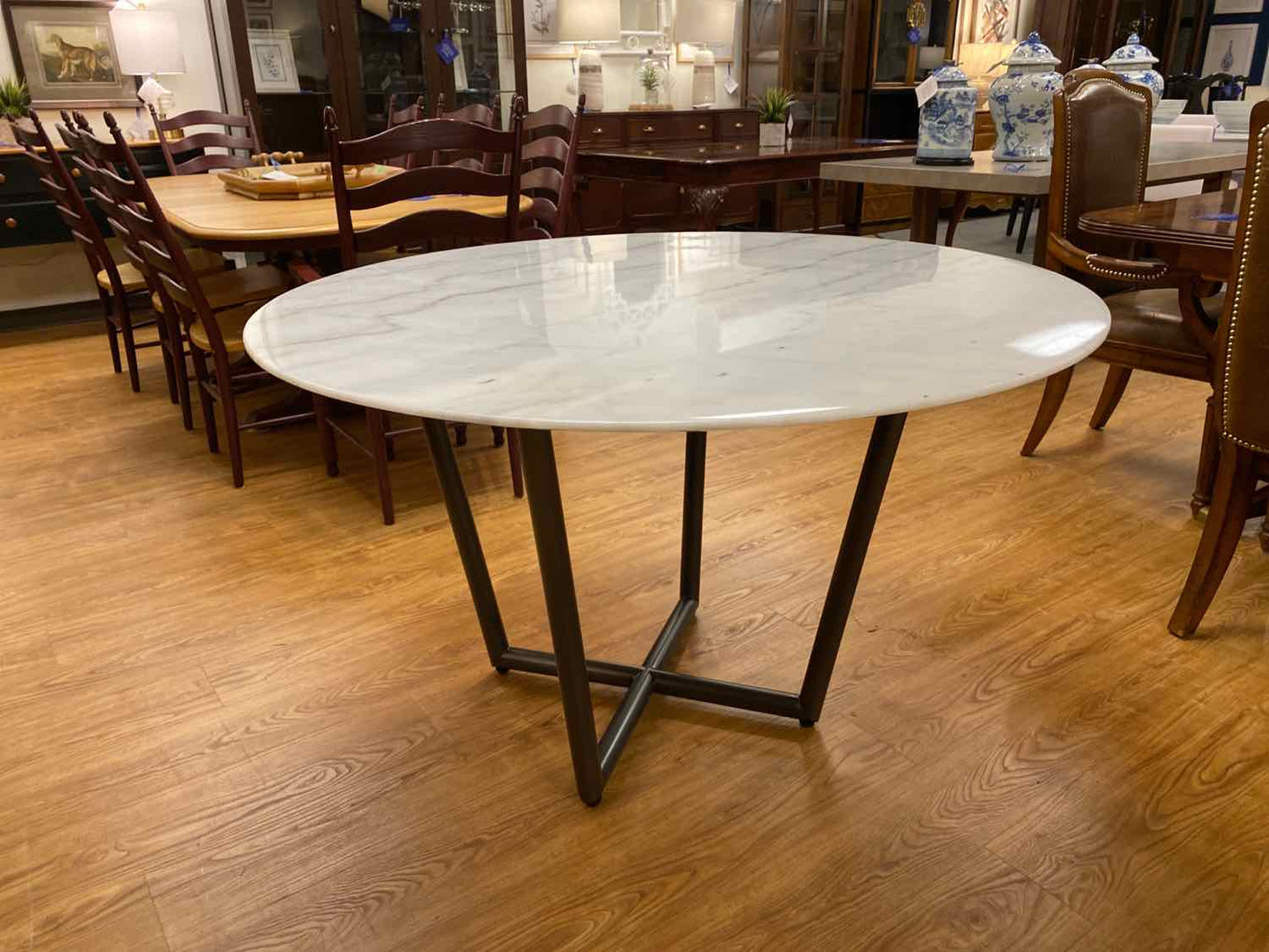 Mitchell Gold + Bob Williams Round Marble Top Dining Table with Pewter Base