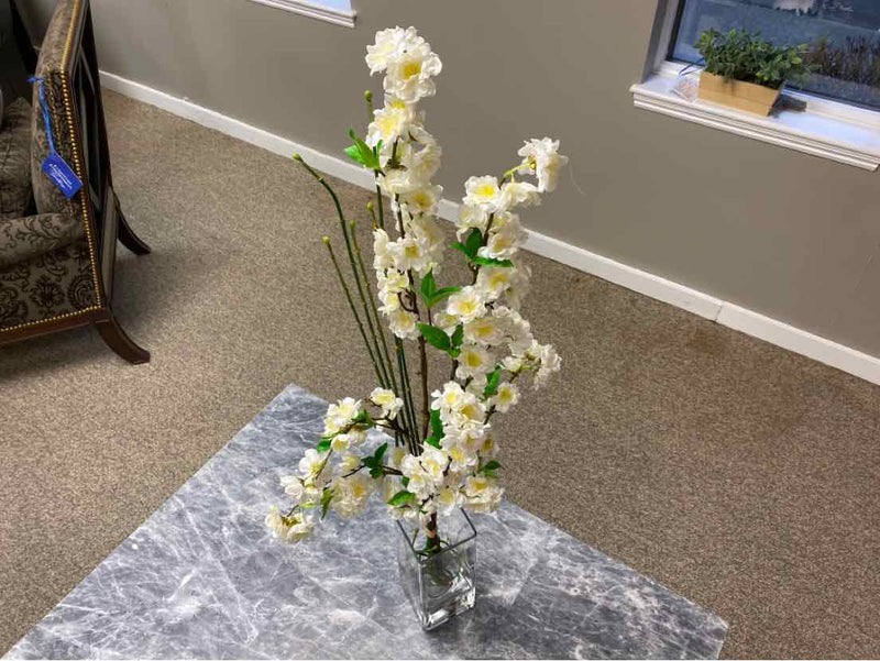 Cherry Blossum Branch & Snake Reeds in Tall Glass Vase