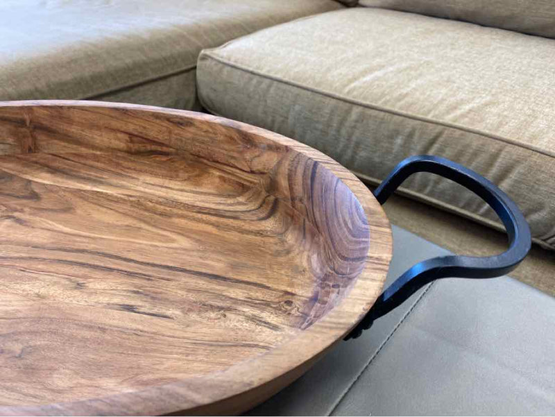 Natural Acacia Wood & Iron Decorative Oval Dish