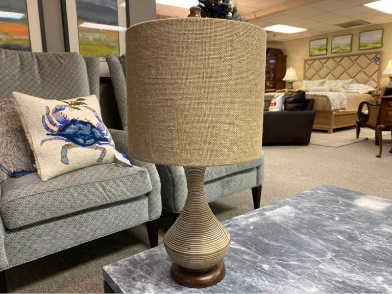 Biscuit Beige Resin Moulded Table Lamp with Burlap Drum Shade